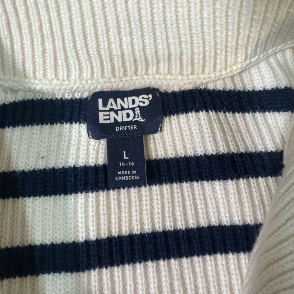Lands' End White & Navy Blue Striped Mock Neck Quarter Zip Pullover Sweater - Picture 3 of 7